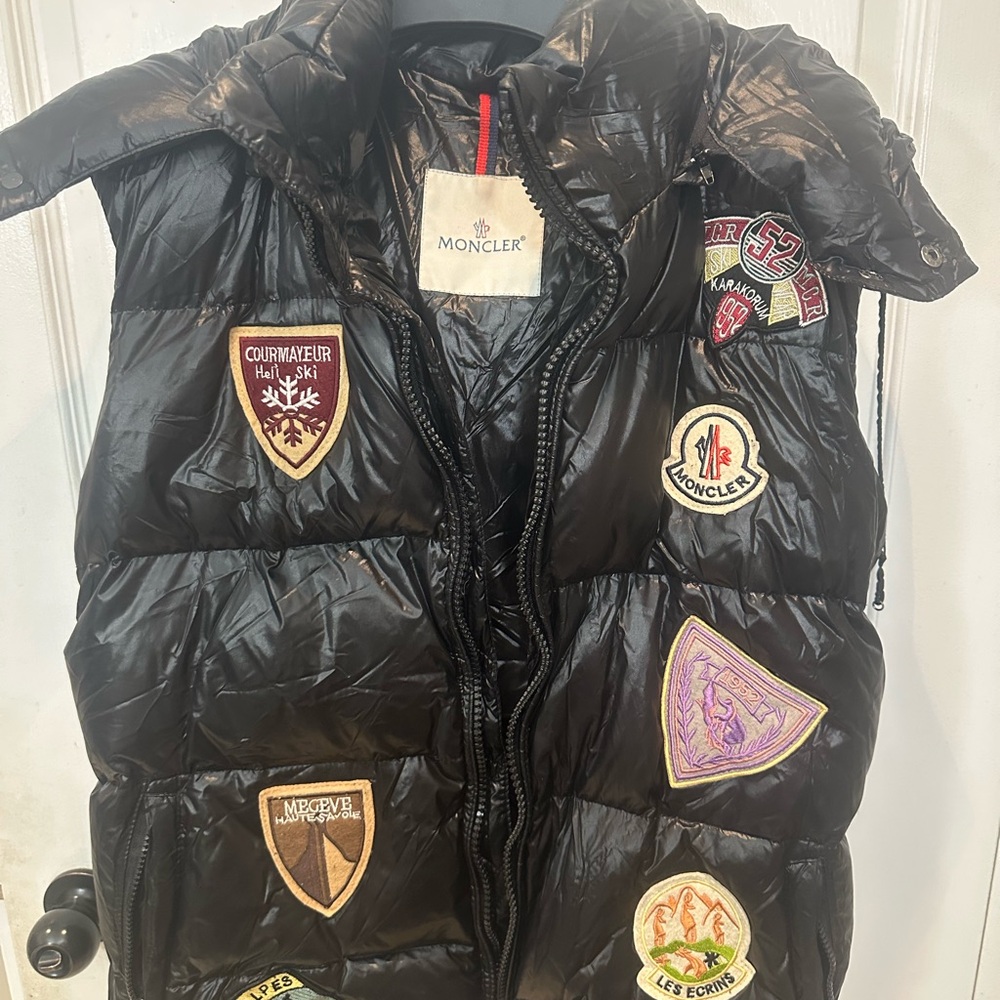 Moncler Black Quilted Puffer Vest with detachable hood and patches